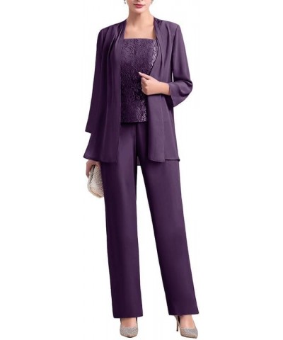 Chiffon 3 Pcs Mother of The Bride Pant Suits Lace Grandmother Formal Evening Wedding Guest Groom Dresses with Jacket Purple $...