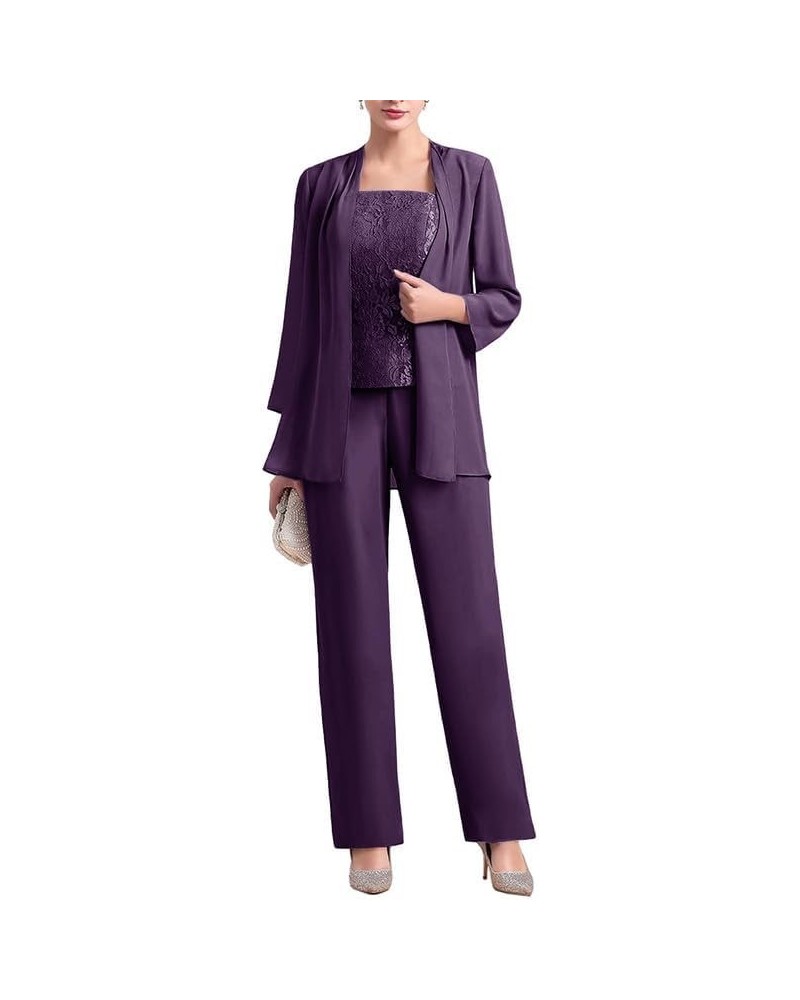 Chiffon 3 Pcs Mother of The Bride Pant Suits Lace Grandmother Formal Evening Wedding Guest Groom Dresses with Jacket Purple $...