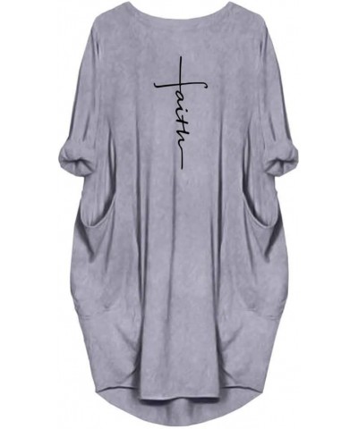 Women's Faith Oversize Baggy Long Sleeve T Shirt Causal Loose Midi Dresses with Pockets Grey $14.44 Dresses