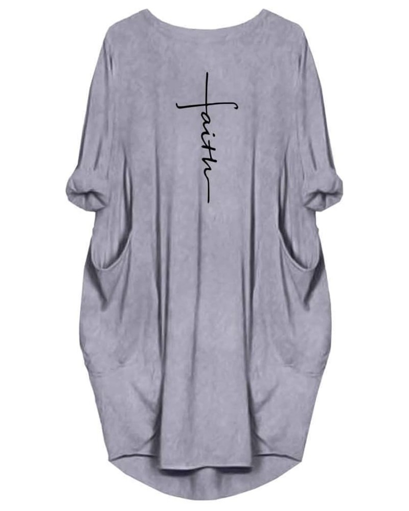 Women's Faith Oversize Baggy Long Sleeve T Shirt Causal Loose Midi Dresses with Pockets Grey $14.44 Dresses