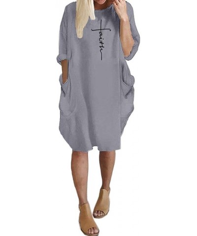 Women's Faith Oversize Baggy Long Sleeve T Shirt Causal Loose Midi Dresses with Pockets Grey $14.44 Dresses