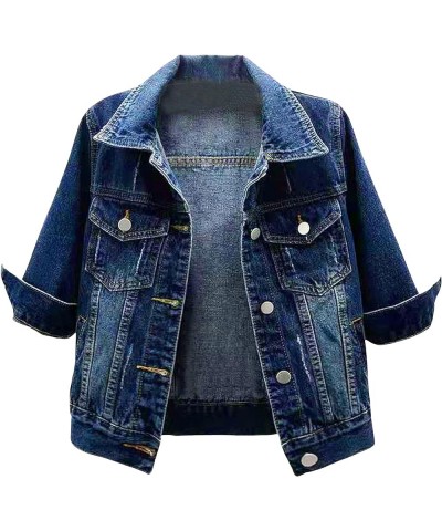 Cropped Denim Jacket for Women 3/4 Sleeve Colored Light Ripped Short Jean Jackets Trucker Coats Dark Blue $17.15 Jackets