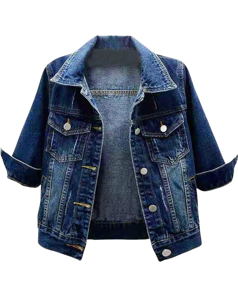 Cropped Denim Jacket for Women 3/4 Sleeve Colored Light Ripped Short Jean Jackets Trucker Coats Dark Blue $17.15 Jackets