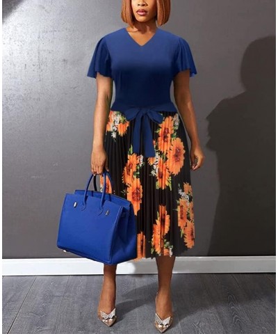 Women's Short Sleeve High Waist Pleated A-line Dress Sheath Midi Dress Navy $17.20 Dresses