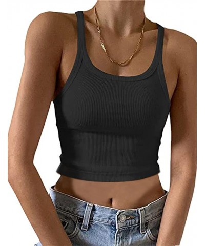 Women Plain Ribbed Knit Crop Cami Tank Basic Slim Fit Scoop Neck Sleeveless Racerback Cropped Vest Top Yoga Black $10.99 Tanks