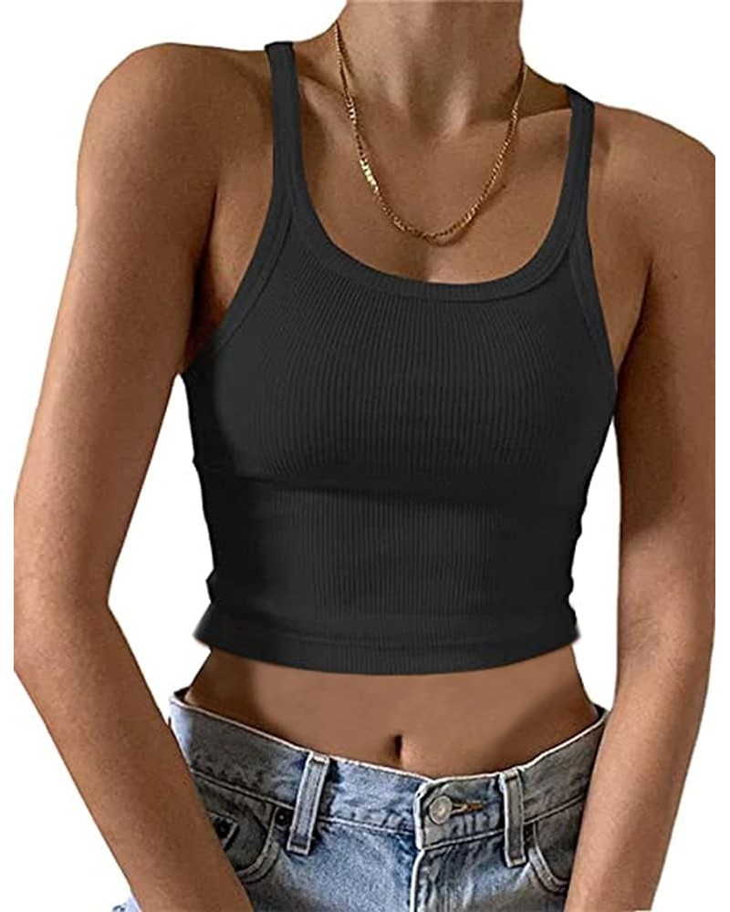 Women Plain Ribbed Knit Crop Cami Tank Basic Slim Fit Scoop Neck Sleeveless Racerback Cropped Vest Top Yoga Black $10.99 Tanks