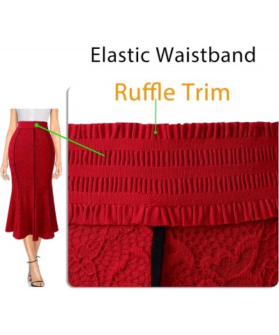 Womens High Waist Work Business Office Bodycon Mermaid Midi Pencil 2023 Ruffle Trim Contrast Piping Mid-Calf Skirt Red Lace $...