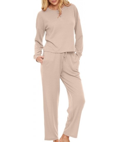 Women's Ribbed Waffle Rib Knit Henley Pajamas Lounge Set, Long Sleeve Top Pants with Pockets, Drawstring Ivory $19.34 Sleep &...