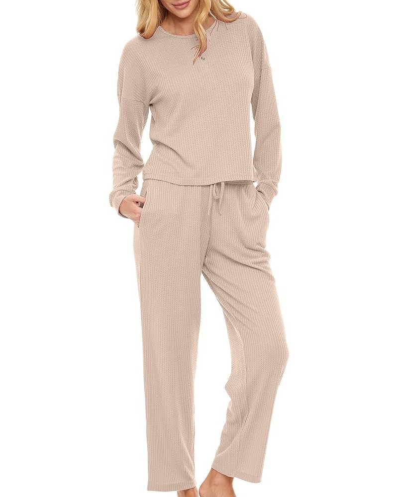 Women's Ribbed Waffle Rib Knit Henley Pajamas Lounge Set, Long Sleeve Top Pants with Pockets, Drawstring Ivory $19.34 Sleep &...