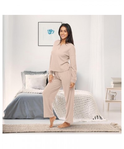 Women's Ribbed Waffle Rib Knit Henley Pajamas Lounge Set, Long Sleeve Top Pants with Pockets, Drawstring Ivory $19.34 Sleep &...