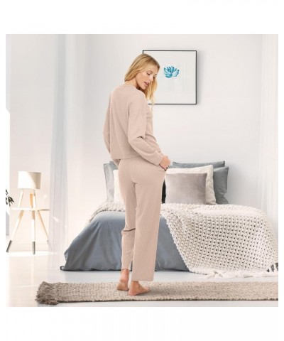 Women's Ribbed Waffle Rib Knit Henley Pajamas Lounge Set, Long Sleeve Top Pants with Pockets, Drawstring Ivory $19.34 Sleep &...