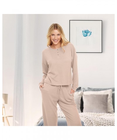 Women's Ribbed Waffle Rib Knit Henley Pajamas Lounge Set, Long Sleeve Top Pants with Pockets, Drawstring Ivory $19.34 Sleep &...