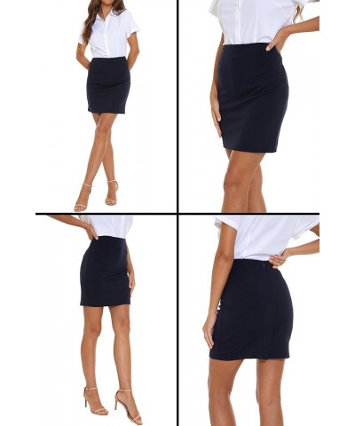 Women's Elastic Waist Knee-Length Bodycon Pencil Skirt - Flattering Office Attire Back Slits Dark Blue $13.24 Skirts