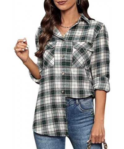 Womens Flannel Plaid Shirts Roll Up Long Sleeve Button Down Cotton Boyfriend Casual Cuffed Blouse Shirts Tops Women White Gre...