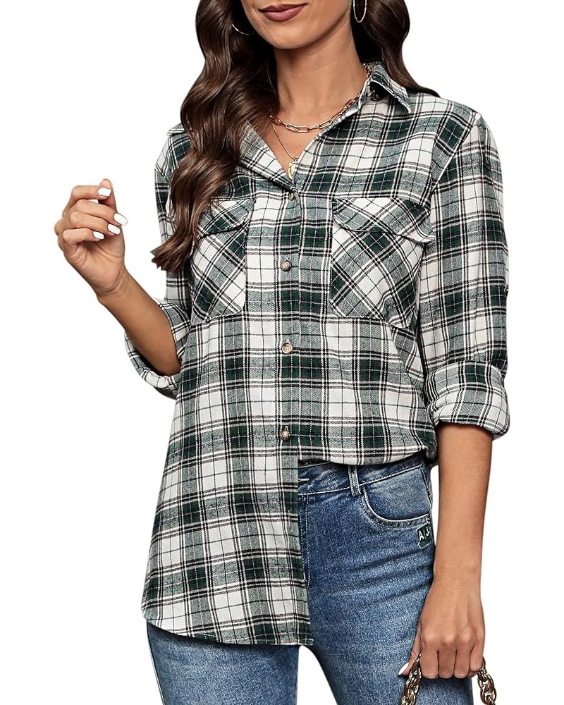 Womens Flannel Plaid Shirts Roll Up Long Sleeve Button Down Cotton Boyfriend Casual Cuffed Blouse Shirts Tops Women White Gre...