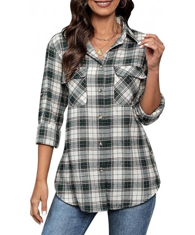 Womens Flannel Plaid Shirts Roll Up Long Sleeve Button Down Cotton Boyfriend Casual Cuffed Blouse Shirts Tops Women White Gre...