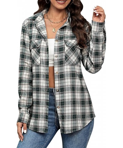 Womens Flannel Plaid Shirts Roll Up Long Sleeve Button Down Cotton Boyfriend Casual Cuffed Blouse Shirts Tops Women White Gre...