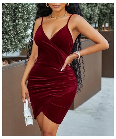 Women's Sexy Wrap V Neck Velvet Dress Adjustable Spaghetti Strap Mini Bodycon Dress Cocktail Party Short Dresses A Wine Red $...