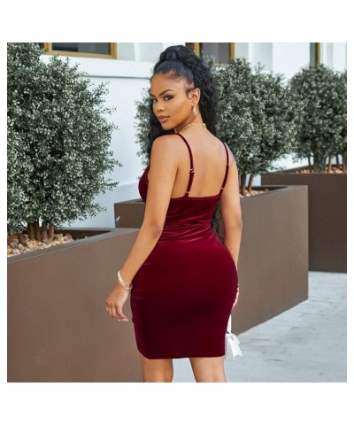 Women's Sexy Wrap V Neck Velvet Dress Adjustable Spaghetti Strap Mini Bodycon Dress Cocktail Party Short Dresses A Wine Red $...