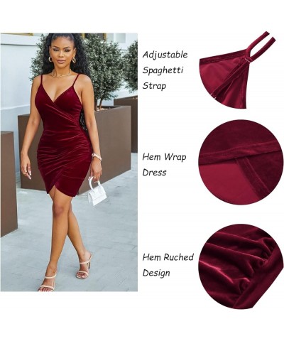 Women's Sexy Wrap V Neck Velvet Dress Adjustable Spaghetti Strap Mini Bodycon Dress Cocktail Party Short Dresses A Wine Red $...