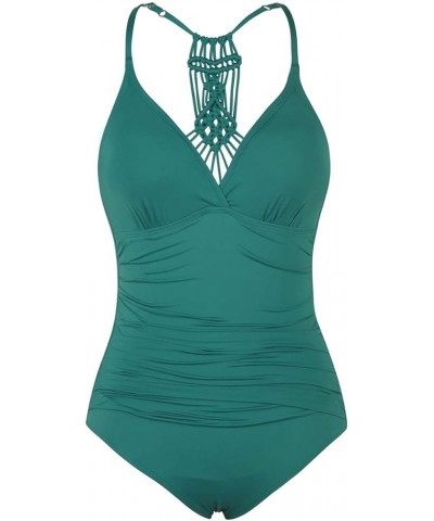 Women's Tummy Control One Piece Bathing Suits V Neck Swimsuits Hand-Braid Macrame Ruched Slimming Swimwear Deep Emerald $18.4...