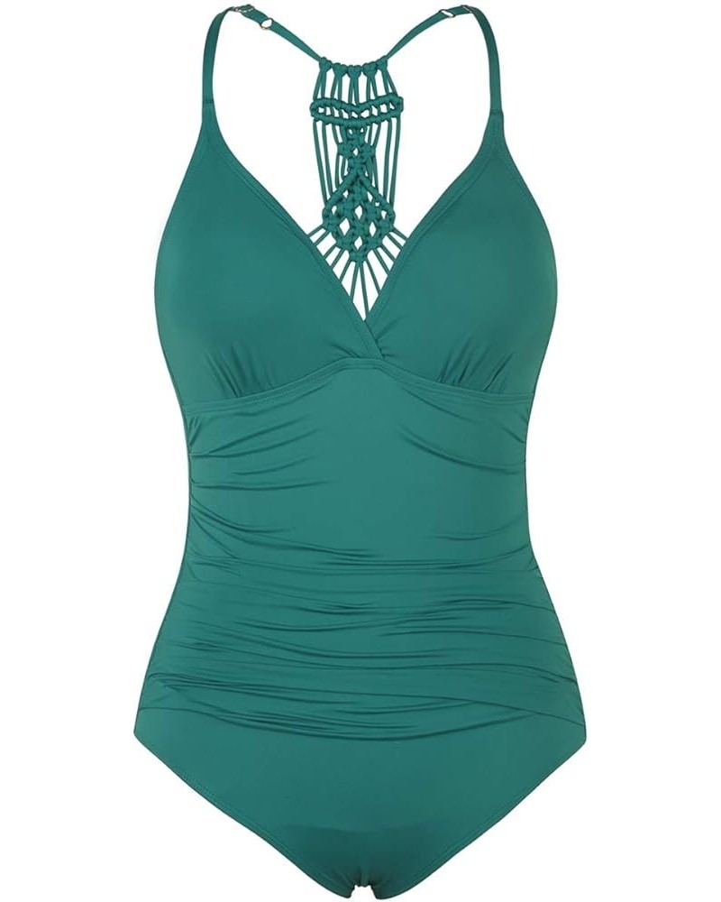 Women's Tummy Control One Piece Bathing Suits V Neck Swimsuits Hand-Braid Macrame Ruched Slimming Swimwear Deep Emerald $18.4...