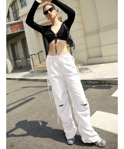 Womens Cargo Pants Y2K Parachute Pants Baggy Wide Leg Trousers Elstic Waisted Streetwear Pants for Women with Pockets White $...