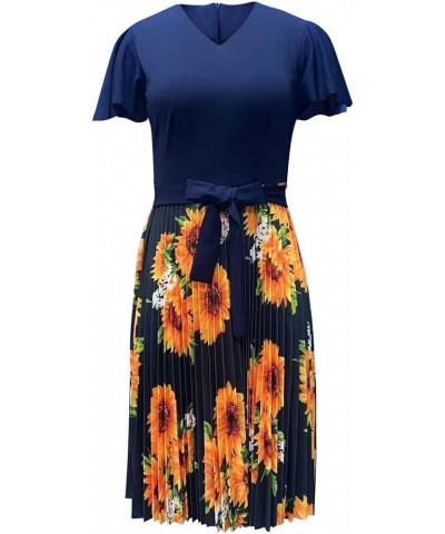 Women's Short Sleeve High Waist Pleated A-line Dress Sheath Midi Dress Navy $17.20 Dresses