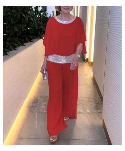 Womens Elegant 2 Pieces Chiffon Formal Pants Suits for Women Evening Weddings Sequin Block Cocktail Party Red Ladies Chiffon ...