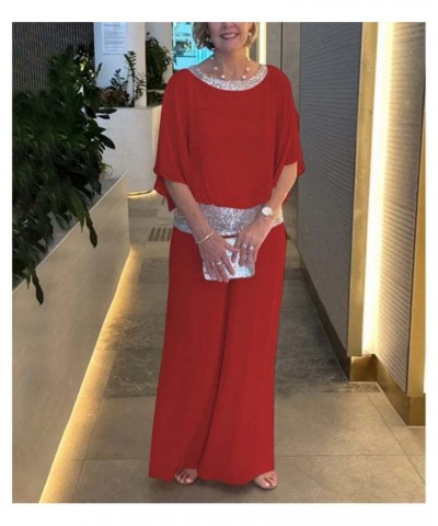 Womens Elegant 2 Pieces Chiffon Formal Pants Suits for Women Evening Weddings Sequin Block Cocktail Party Red Ladies Chiffon ...