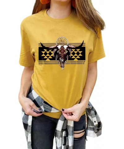 Wild Soul T-Shirt Women Vintage Western Bleached Tee Tops Boho Cow Skull Rodeo Shirt Western Cowgirls Casual Shirt Tops Yello...