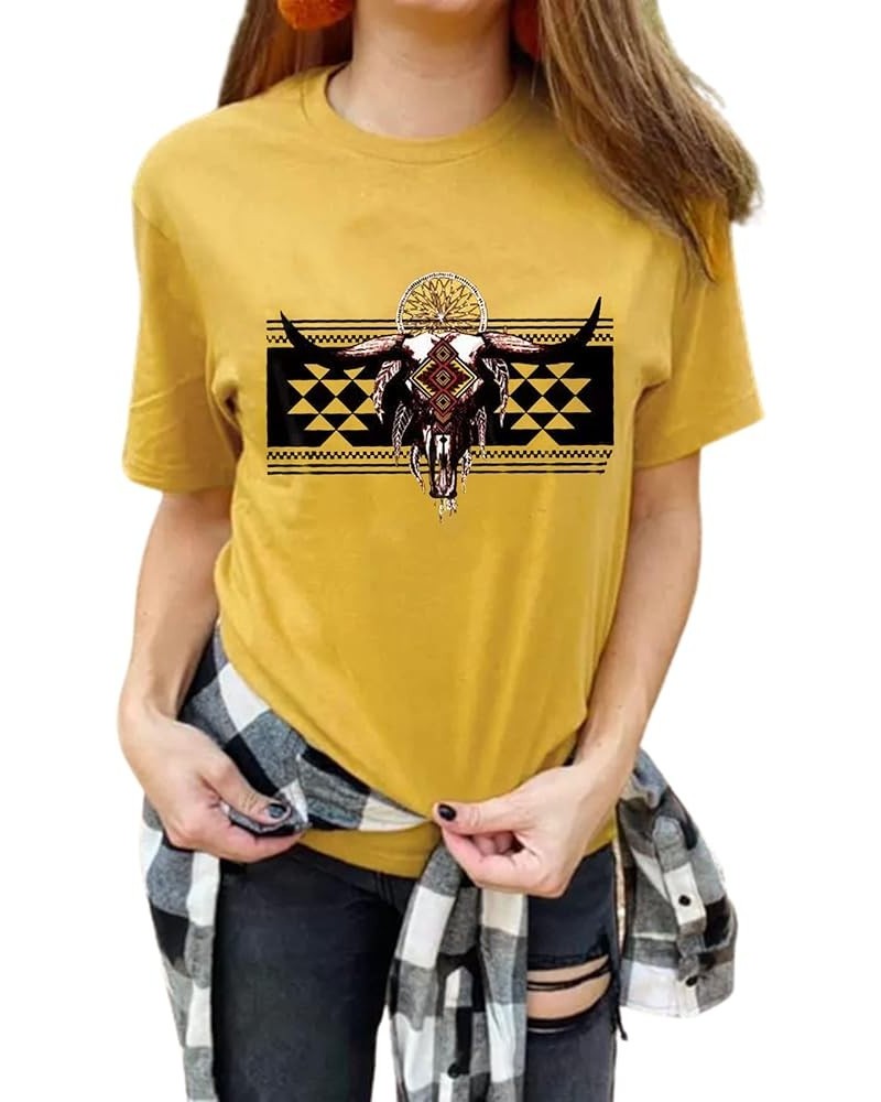 Wild Soul T-Shirt Women Vintage Western Bleached Tee Tops Boho Cow Skull Rodeo Shirt Western Cowgirls Casual Shirt Tops Yello...