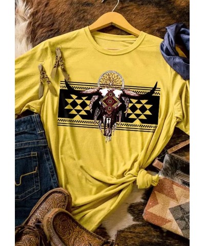 Wild Soul T-Shirt Women Vintage Western Bleached Tee Tops Boho Cow Skull Rodeo Shirt Western Cowgirls Casual Shirt Tops Yello...