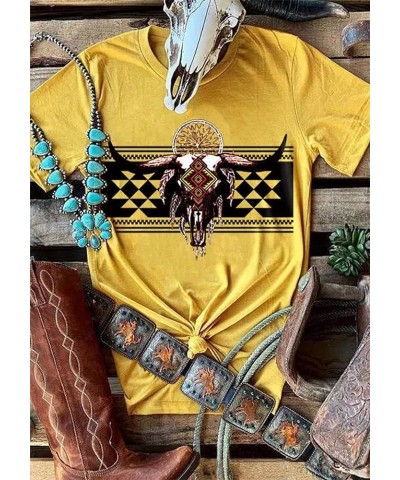 Wild Soul T-Shirt Women Vintage Western Bleached Tee Tops Boho Cow Skull Rodeo Shirt Western Cowgirls Casual Shirt Tops Yello...