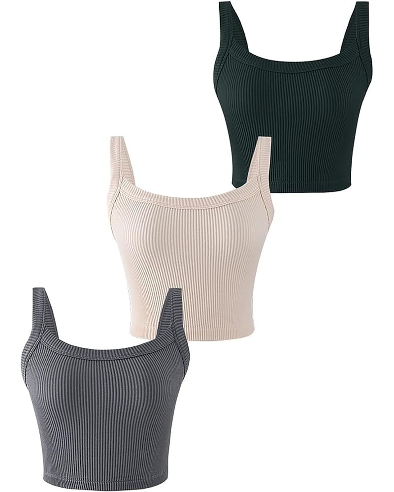 Seamless Square Neck Crop Tops 3 Pack Basic Crop Tanks for Women Sleeveless Scoop Neck Ribbed Cropped Going Out Tops Black/Li...