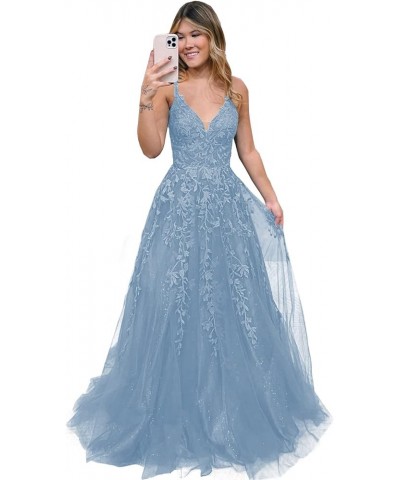 Women's V Neck Lace Long Prom Dresses 2024 Appliqued Tulle Ball Gown Formal Evening Dress for Teens BI007 Dusty Blue $37.62 D...