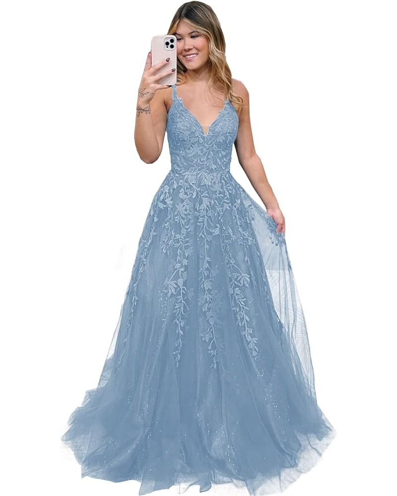 Women's V Neck Lace Long Prom Dresses 2024 Appliqued Tulle Ball Gown Formal Evening Dress for Teens BI007 Dusty Blue $37.62 D...