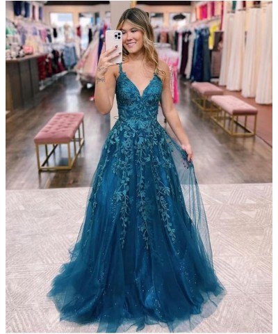 Women's V Neck Lace Long Prom Dresses 2024 Appliqued Tulle Ball Gown Formal Evening Dress for Teens BI007 Dusty Blue $37.62 D...