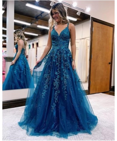 Women's V Neck Lace Long Prom Dresses 2024 Appliqued Tulle Ball Gown Formal Evening Dress for Teens BI007 Dusty Blue $37.62 D...