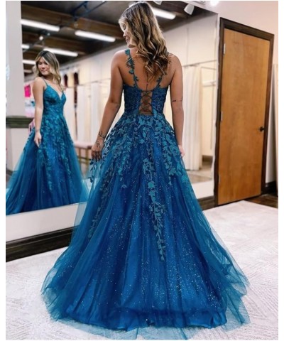 Women's V Neck Lace Long Prom Dresses 2024 Appliqued Tulle Ball Gown Formal Evening Dress for Teens BI007 Dusty Blue $37.62 D...