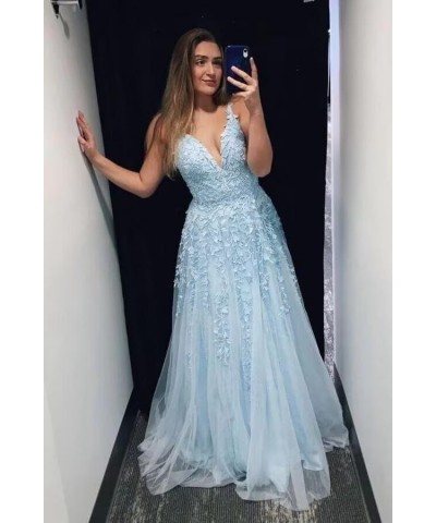 Women's V Neck Lace Long Prom Dresses 2024 Appliqued Tulle Ball Gown Formal Evening Dress for Teens BI007 Dusty Blue $37.62 D...