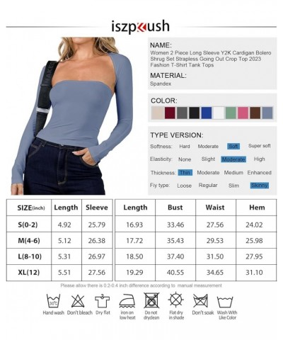 Women 2 Piece Long Sleeve Y2K Cardigan Bolero Shrug Set Strapless Going Out Crop Top 2023 Fashion T-Shirt Tank Tops New Blue ...