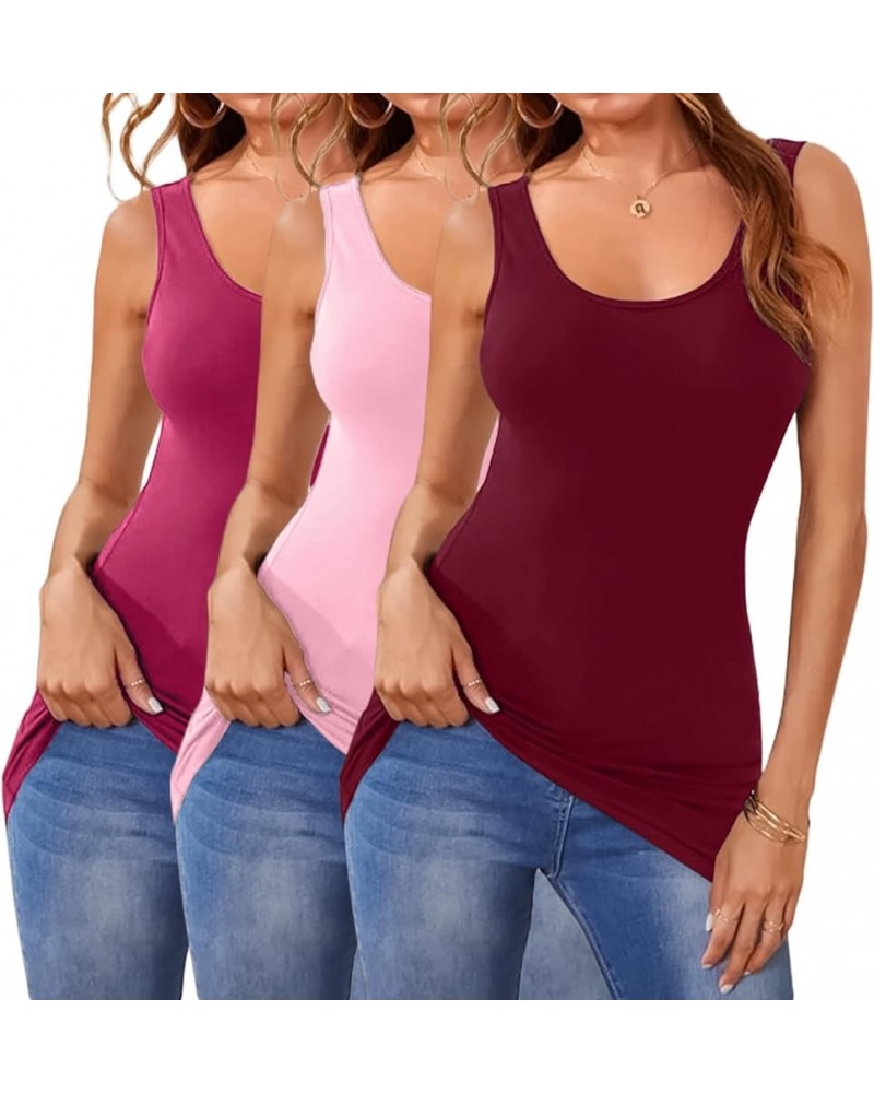 3Packs Racerback Cotton Tank Top for Women Long Tank Tops Layering Undershirts Running Yoga Tops Hot Pink Pink Wine $17.95 Tanks