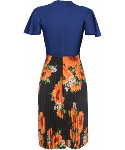 Women's Short Sleeve High Waist Pleated A-line Dress Sheath Midi Dress Navy $17.20 Dresses