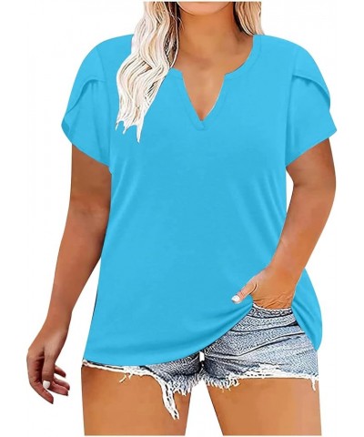 Plus Size Summer Tops for Women, Women's Casual Short Sleeve T Shirts Loose Comfy Crew Neck Solid Tunic Blouse Dressy 004 Blu...