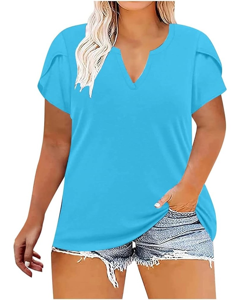 Plus Size Summer Tops for Women, Women's Casual Short Sleeve T Shirts Loose Comfy Crew Neck Solid Tunic Blouse Dressy 004 Blu...