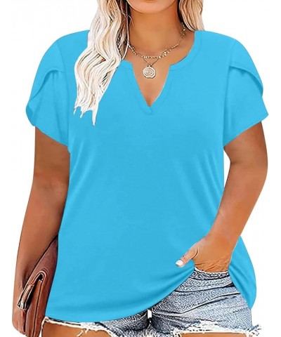 Plus Size Summer Tops for Women, Women's Casual Short Sleeve T Shirts Loose Comfy Crew Neck Solid Tunic Blouse Dressy 004 Blu...