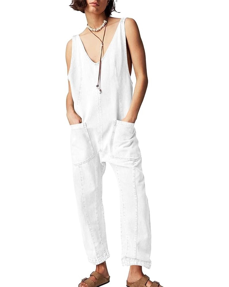 Women's Denim Overall Jumpsuits Sleeveless V Neck Adjustable Straps Jeans Long Pants Rompers White $21.73 Jumpsuits