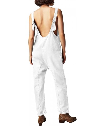 Women's Denim Overall Jumpsuits Sleeveless V Neck Adjustable Straps Jeans Long Pants Rompers White $21.73 Jumpsuits