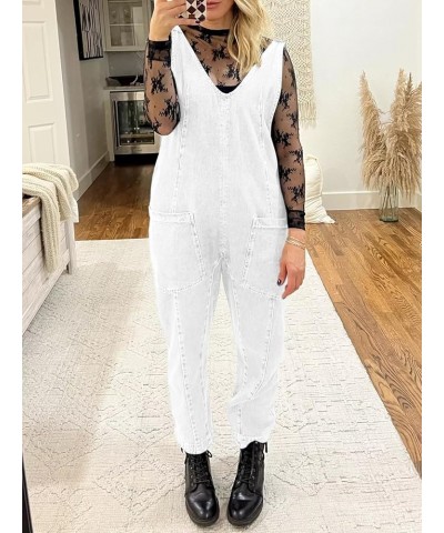 Women's Denim Overall Jumpsuits Sleeveless V Neck Adjustable Straps Jeans Long Pants Rompers White $21.73 Jumpsuits